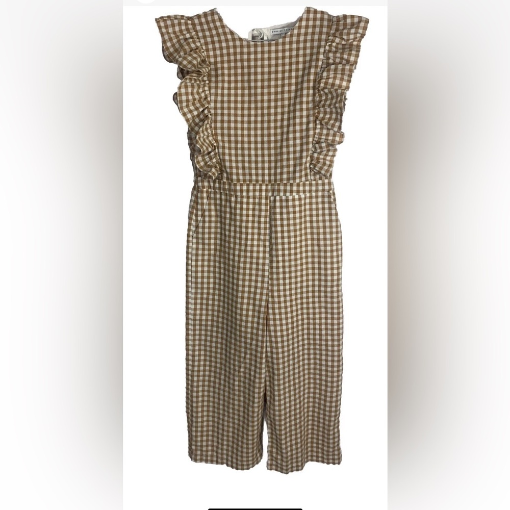 English Factory Brown/ White Plaid Ruffle Short Sleeves Jumpsuit Tie Back Size L